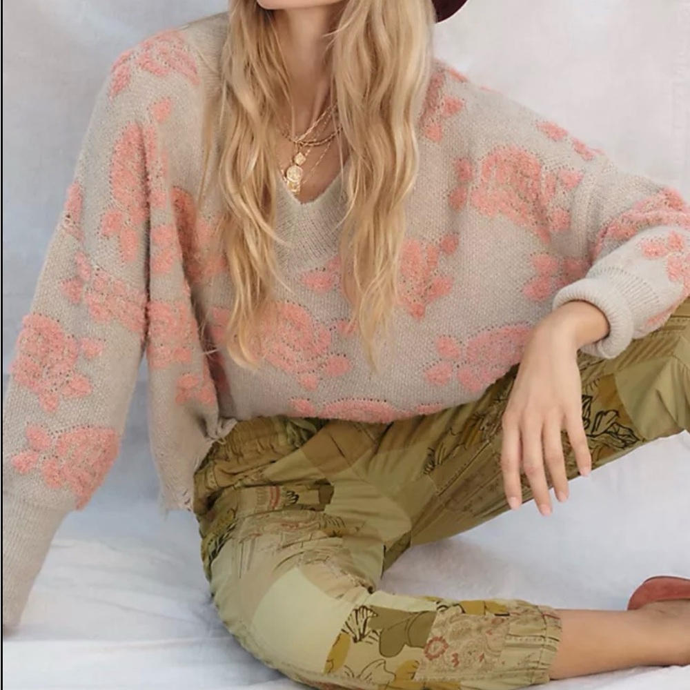 Anthropologie Beige Sweater with Soft Peach Knit Detail